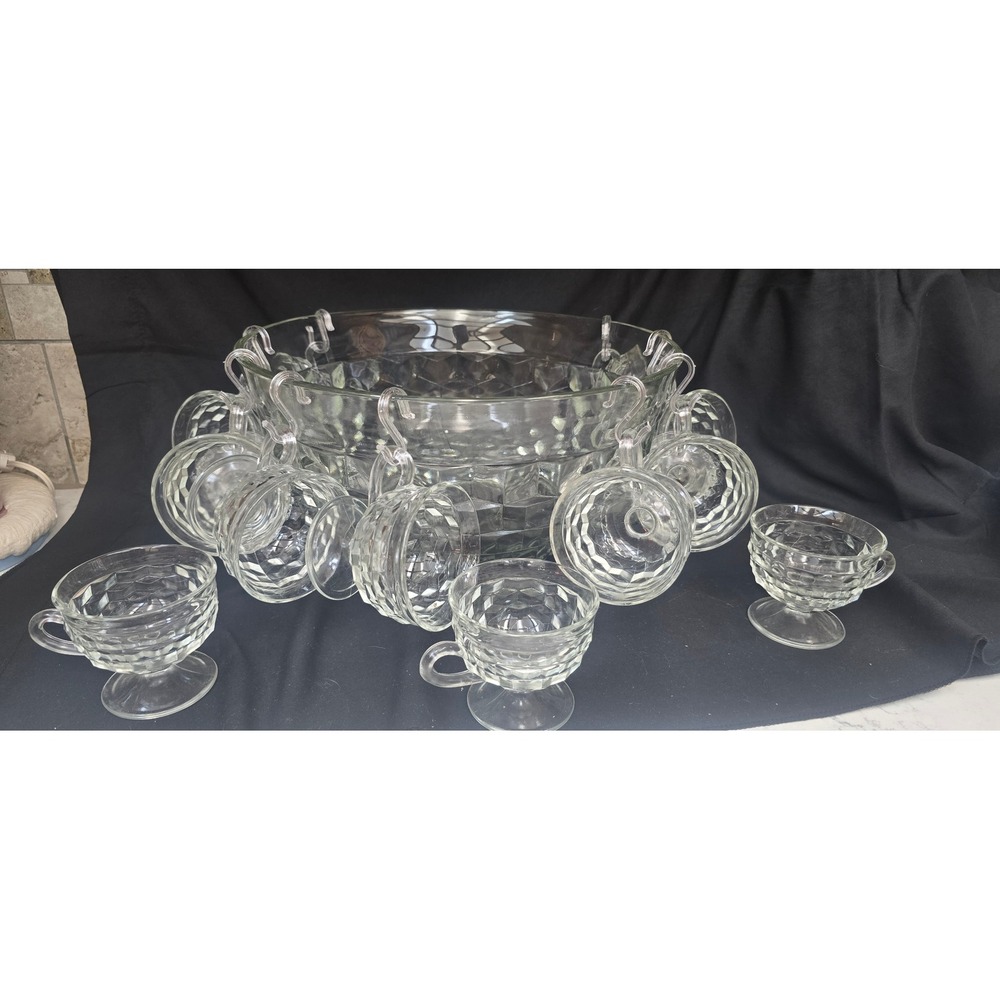 Vintage Anchor Hocking Wexford Glass Punch Bowl Set 12 Cups Hooks Clear Diamond